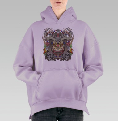 Мифический тотем с оленими рогами и черепами, Hoodie Oversize Fiolet, утепленная