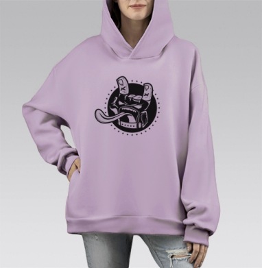 Веселая музыкальная черно белая бунтарская символика жест коза язык, Hoodie Mono Fiolet, оверсайз, утепленная