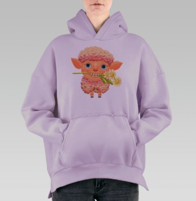 Весёлая улыбающаяся овечка с ромашками с улыбкой, Hoodie Oversize Fiolet, утепленная