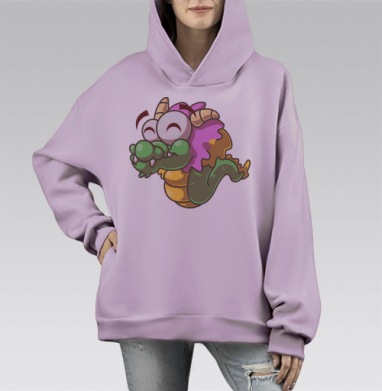 Весёлый мультяшный зелёный дракон улыбается радостно, Hoodie Mono Fiolet, оверсайз, утепленная