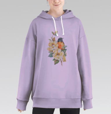 Птичка среди кремово-жёлтых цветов весны, Hoodie Long Oversize Fiolet