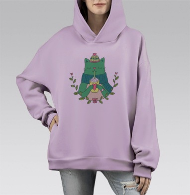 Уютная Зеленая Кошка с Чашкой Теплого Напитка, Hoodie Mono Fiolet, оверсайз, утепленная