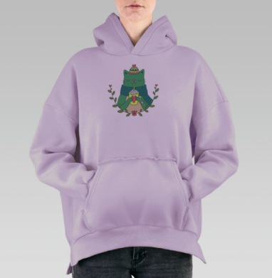 Уютная Зеленая Кошка с Чашкой Теплого Напитка, Hoodie Oversize Fiolet, утепленная