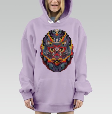 Психоделическая голова кота в огненном стиле, Hoodie Mjhigh Dig Mel, Fiolet, утепленная