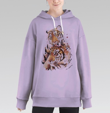 Нежная пара тигров в акварели, Hoodie Long Oversize Fiolet