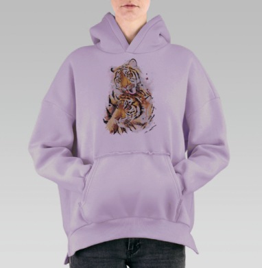 Нежная пара тигров в акварели, Hoodie Oversize Fiolet, утепленная
