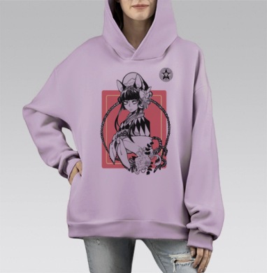 Таинственная девушка-кицунэ в кимоно с венком из роз, Hoodie Mono Fiolet, оверсайз, утепленная