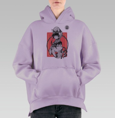 Таинственная девушка-кицунэ в кимоно с венком из роз, Hoodie Oversize Fiolet, утепленная