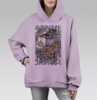 Экстравагантный ворон с карманными часами и розами, Hoodie Mono Fiolet, оверсайз, утепленная