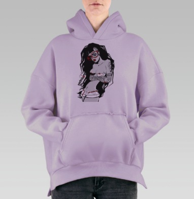 Художественная графика с дерзкой женщиной в красных очках, Hoodie Oversize Fiolet, утепленная