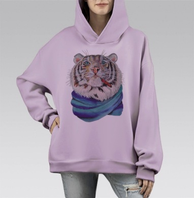 Тигр с сигарой и сине-зеленым шарфом, Hoodie Mono Fiolet, оверсайз, утепленная