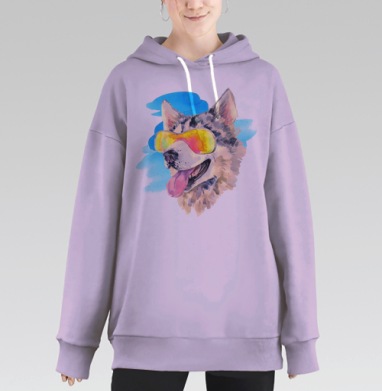 Веселый акварельный портрет собаки в очках, Hoodie Long Oversize Fiolet