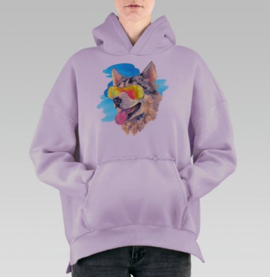 Веселый акварельный портрет собаки в очках, Hoodie Oversize Fiolet, утепленная