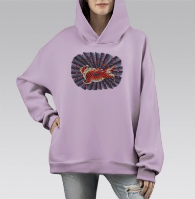 Японские тату тигр, Hoodie Mono Fiolet, оверсайз, утепленная