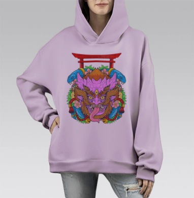 Японский демон с змеями и красной тории на сером фоне, Hoodie Mono Fiolet, оверсайз, утепленная
