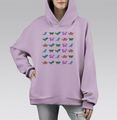 Яркие детские динозавры на сером фоне, Hoodie Mono Fiolet, оверсайз, утепленная