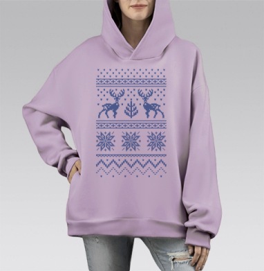 Уютный зимний свитер с орнаментом оленей и снежинок, Hoodie Mono Fiolet, оверсайз, утепленная