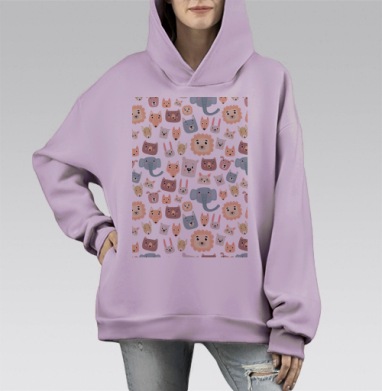 Милый детский паттерн с мордочками животных, Hoodie Mono Fiolet, оверсайз, утепленная