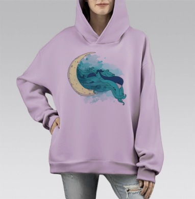 Спящий синий кит на месяц в акварельном стиле, Hoodie Mono Fiolet, оверсайз, утепленная