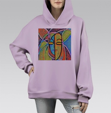 Абстрактное лицо с поднятым средним пальцем на ярком фоне, Hoodie Mono Fiolet, оверсайз, утепленная