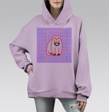 Белый кот с красной обводкой на сиреневом фоне с цветами и сердцами, Hoodie Mono Fiolet, оверсайз, утепленная