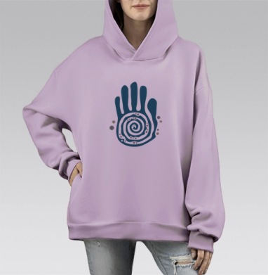 Бирюзовая ладонь с спиралью и точками символ жизни, Hoodie Mono Fiolet, оверсайз, утепленная