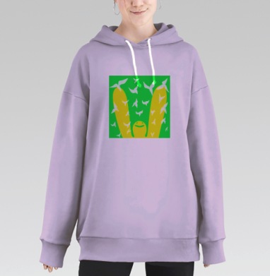 Человечек кидает цветы в воздух зеленый желтый белые птицы, Hoodie Long Oversize Fiolet
