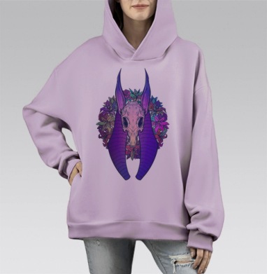 Череп животного с цветами фиолетовые длинные уши, Hoodie Mono Fiolet, оверсайз, утепленная