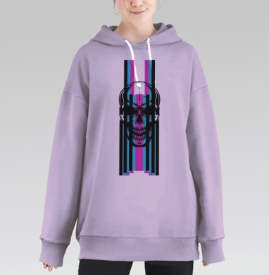 Череп с абстрактными цветными полосами искажения, Hoodie Long Oversize Fiolet