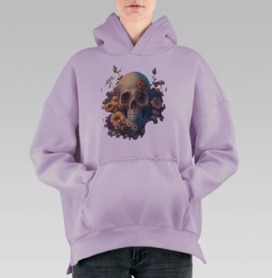 Череп с цветами символ жизни смерти на фоне, Hoodie Oversize Fiolet, утепленная
