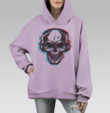 Череп в наушниках с глитч эффектом киберпанк стиль, Hoodie Mono Fiolet, оверсайз, утепленная