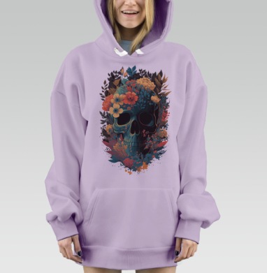 Череп в окружении красных и бирюзовых цветов растительности, Hoodie Mjhigh Dig Mel, Fiolet, утепленная
