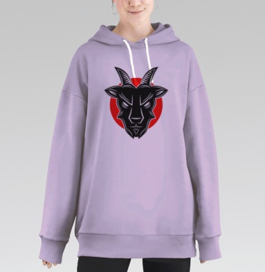 Черная голова козла на красном фоне на сером фоне, Hoodie Long Oversize Fiolet
