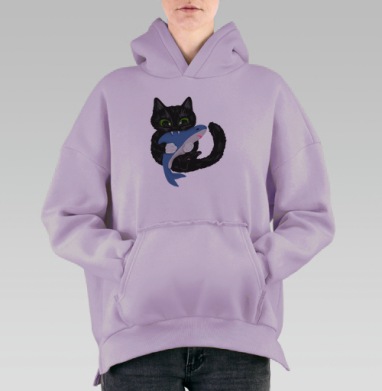Черная кошка держащая синюю акулу прикольно, Hoodie Oversize Fiolet, утепленная