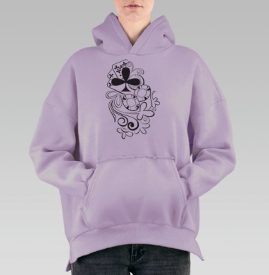 Стильный черный орнамент с картами и завитками, Hoodie Oversize Fiolet, утепленная