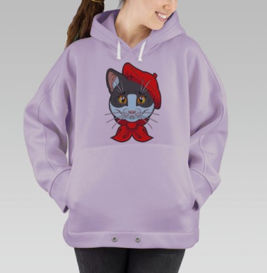 Черно белый кот с красным беретом и шарфом на сером фоне, Hoodie Oversize Fiolet
