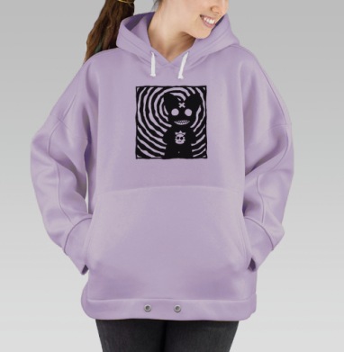 Чёрно белый мрачный персонаж с мордочкой на фоне спиралей, Hoodie Oversize Fiolet