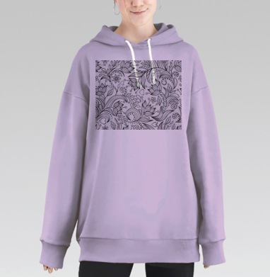 Черные цветы с листьями на белом фоне, Hoodie Long Oversize Fiolet