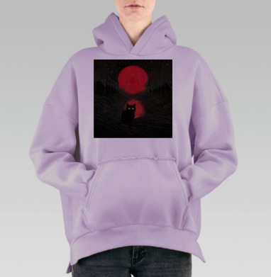 Черный кот на фоне красной луны с отражением красной луны, Hoodie Oversize Fiolet, утепленная