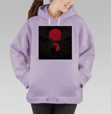 Черный кот на фоне красной луны с отражением красной луны, Hoodie Oversize Fiolet