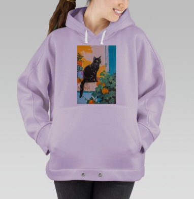 Черный кот среди апельсинов и зелени на улице, Hoodie Oversize Fiolet