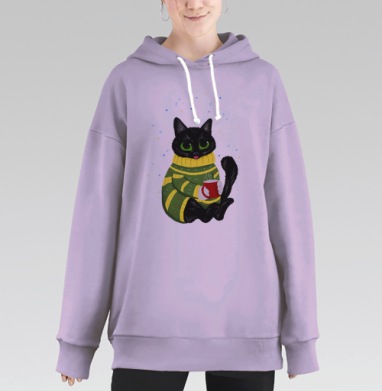 Чёрный кот в зелёном свитере с чашкой чашкой чашкой, Hoodie Long Oversize Fiolet