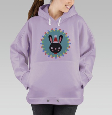 Черный заяц в новогодней шапке с огнями вокруг, Hoodie Oversize Fiolet