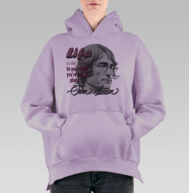Цитата Джона Леннона вдохновляющая жить настоящим временем, Hoodie Oversize Fiolet, утепленная