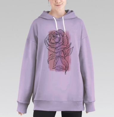 Цветок с листьями нежно-розовый и серый пастельный фон, Hoodie Long Oversize Fiolet