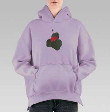 Цветущая красная герань с зелеными листьями на черном фоне, Hoodie Oversize Fiolet, утепленная