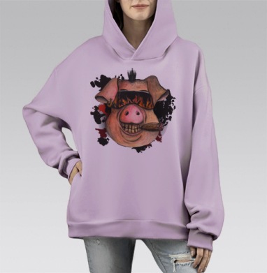 Дерзкая свинья с сигарой и огнем, Hoodie Mono Fiolet, оверсайз, утепленная