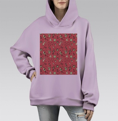 Детские игрушки на розовом фоне с милыми элементами детства, Hoodie Mono Fiolet, оверсайз, утепленная