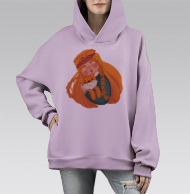 Девочка обнимает лисенка теплой нежностью, Hoodie Mono Fiolet, оверсайз, утепленная
