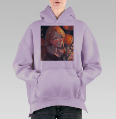 Девочка с тюльпанами в оранжевых тонах среди полевых цветов, Hoodie Oversize Fiolet, утепленная